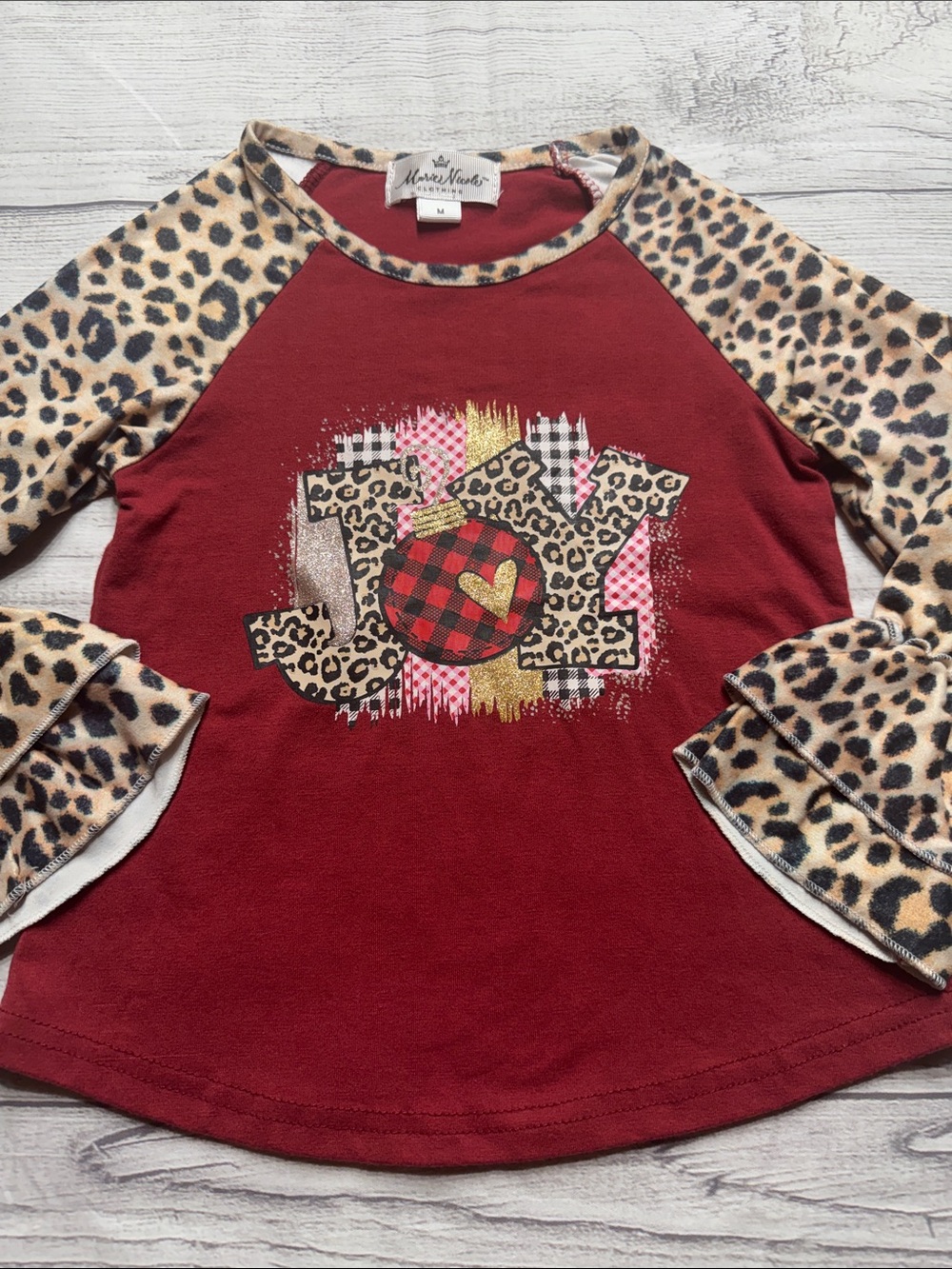 Marie Nicole Toddler Girls Ruffled Long sleeve Holiday Top with Leopard Accent